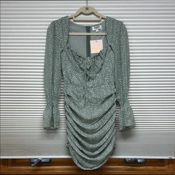 Shareen Collections Showpo. NWT Sage Green Animal Print Ruched Mini Dress - Picture 1 of 10